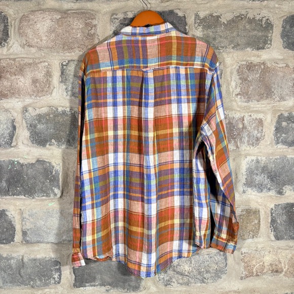 Carbon 2 Cobalt Men's Plaid Linen Long Sleeve Button Up‎ Shirt XL Orange Blue - Picture 3 of 13